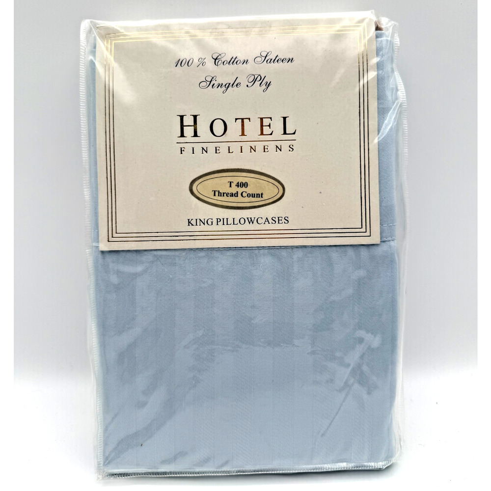 KING Pillowcases Pair (2) 400 TC Light Blue Stripe Hotel Fine Linens Sealed NIP